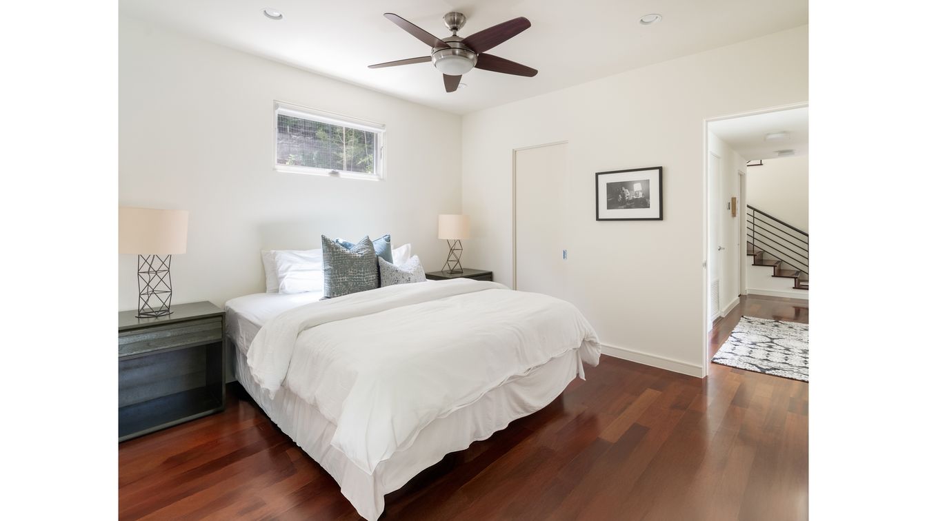 Bedroom, Interior, Recessed Lighting, Wood Texture Flooring