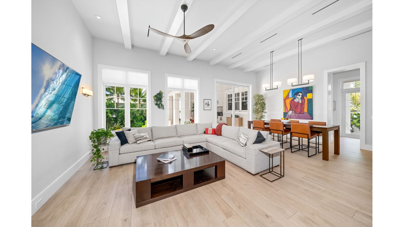 Dining room, Interior, Living room, Pendant Lights, Recessed Lighting, Wood Texture Flooring