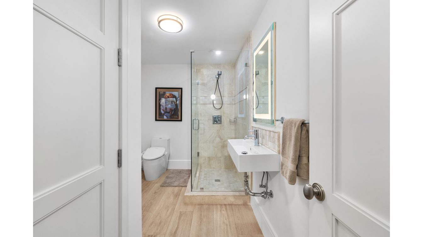 Bathroom, Glass Shower, Interior, Wood Texture Flooring