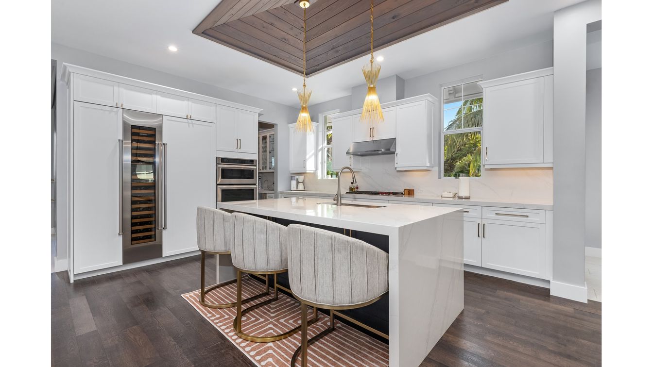 Interior, Kitchen, Pendant Lights, Recessed Lighting, Stainless Steel Appliances, Wooden Ceilings, Wood Texture Flooring