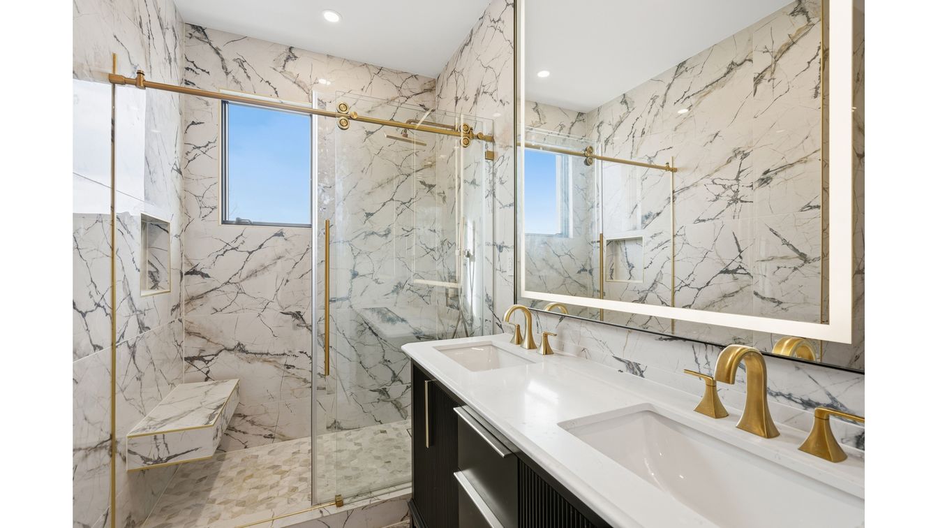 Bathroom, Dual Sink Vanities, Glass Shower, Interior, Marble Walls, Recessed Lighting