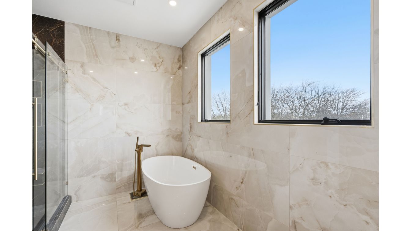 Bathroom, Free Standing Baths, Glass Shower, Interior, Marble Walls, Recessed Lighting