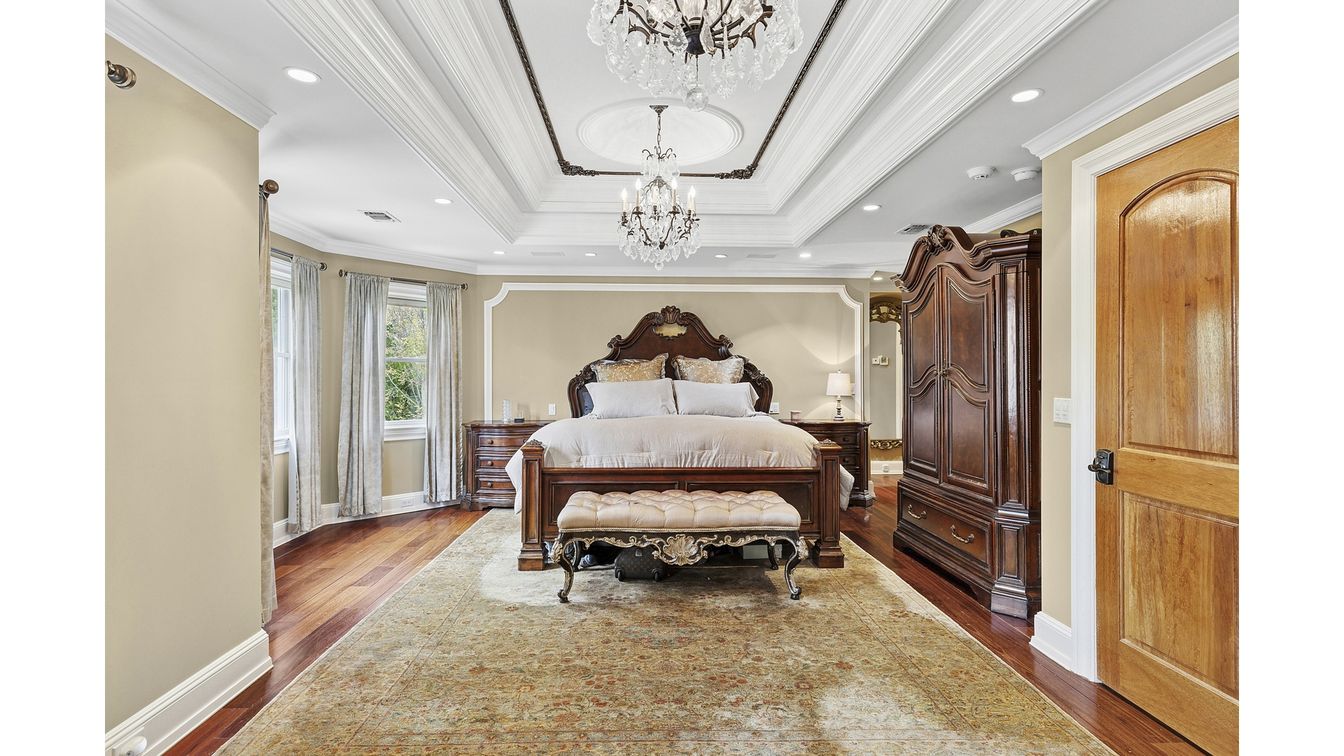 Bedroom, Chandelier, Interior, Recessed Lighting, Wood Texture Flooring