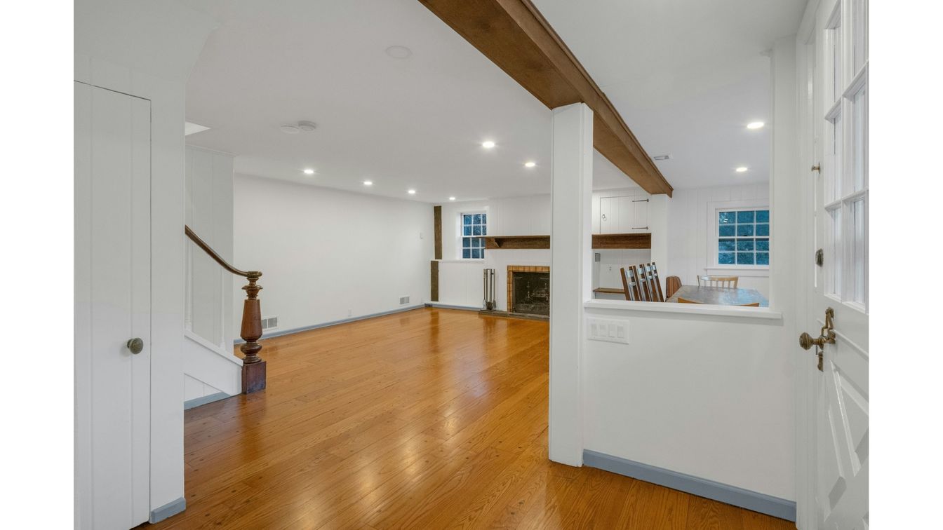 Empty room, Fireplace, Interior, Recessed Lighting, Wooden Beams, Wood Texture Flooring