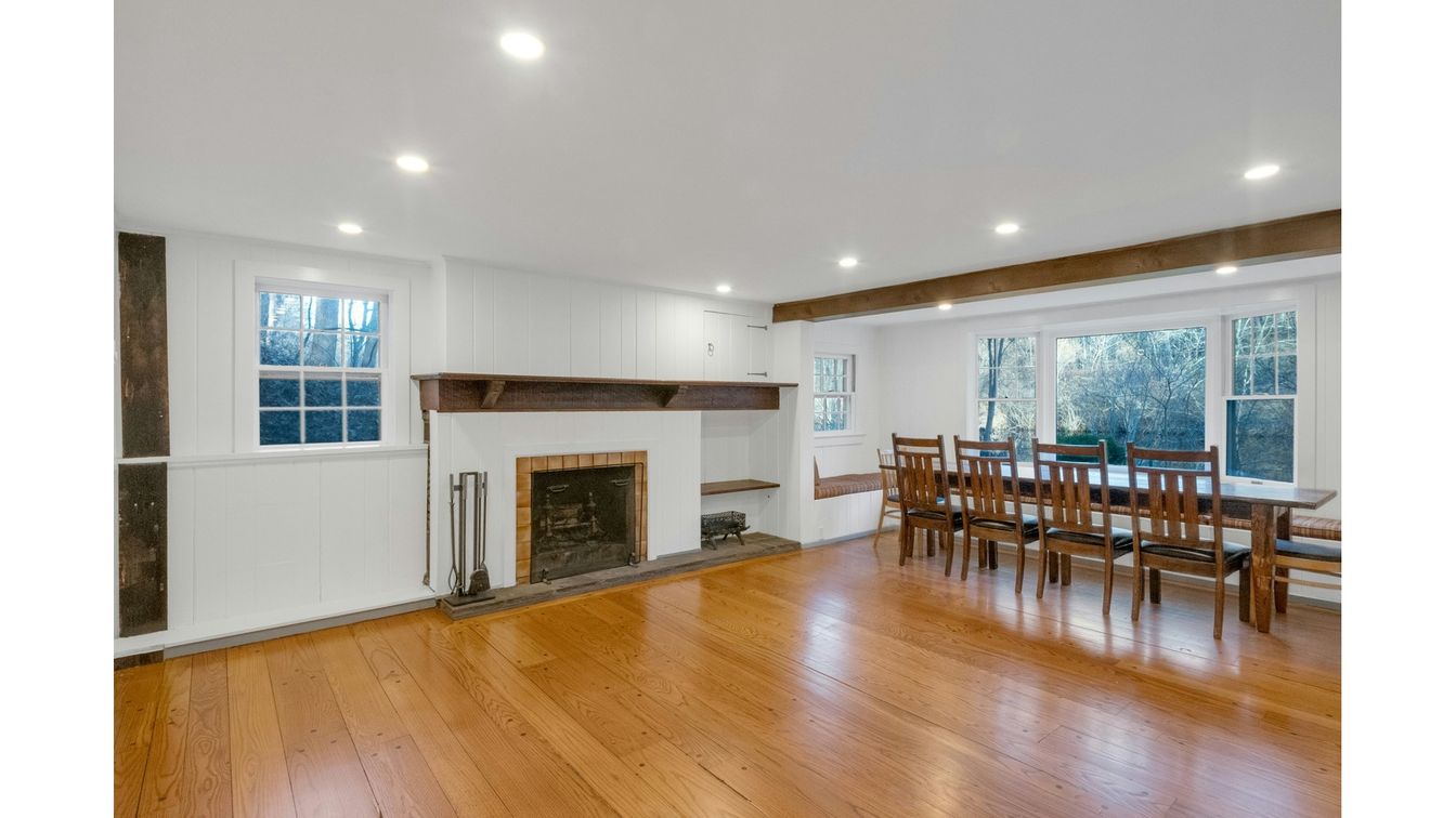 Dining room, Fireplace, Interior, Recessed Lighting, Wooden Beams, Wood Texture Flooring