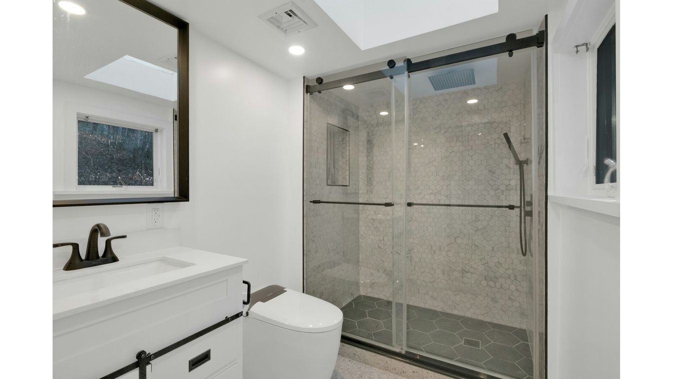 Bathroom, Glass Shower, Interior, Marble Walls, Recessed Lighting
