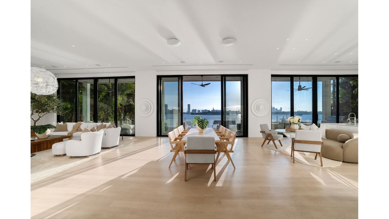 Dining room, Interior, Living room, Recessed Lighting, Water, Wood Texture Flooring