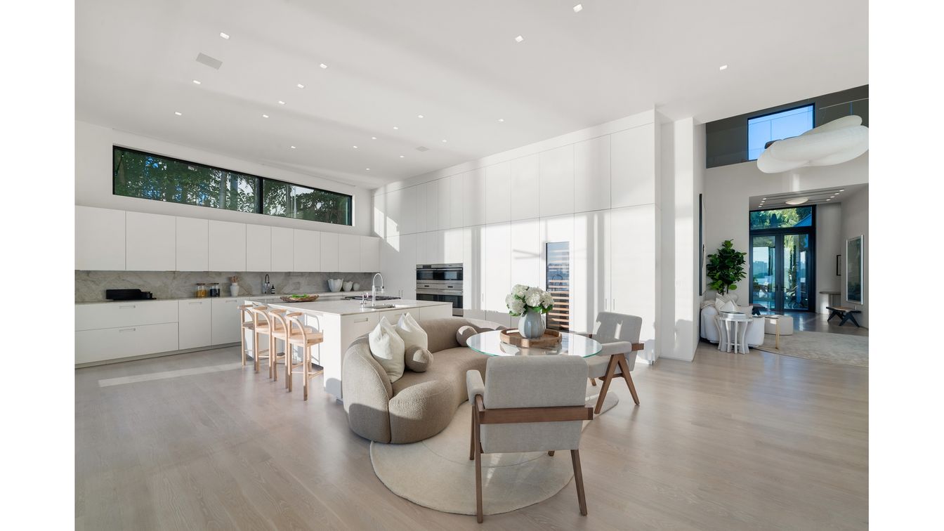 Dining room, Interior, Kitchen, Living room, Recessed Lighting, Stainless Steel Appliances, Wood Texture Flooring