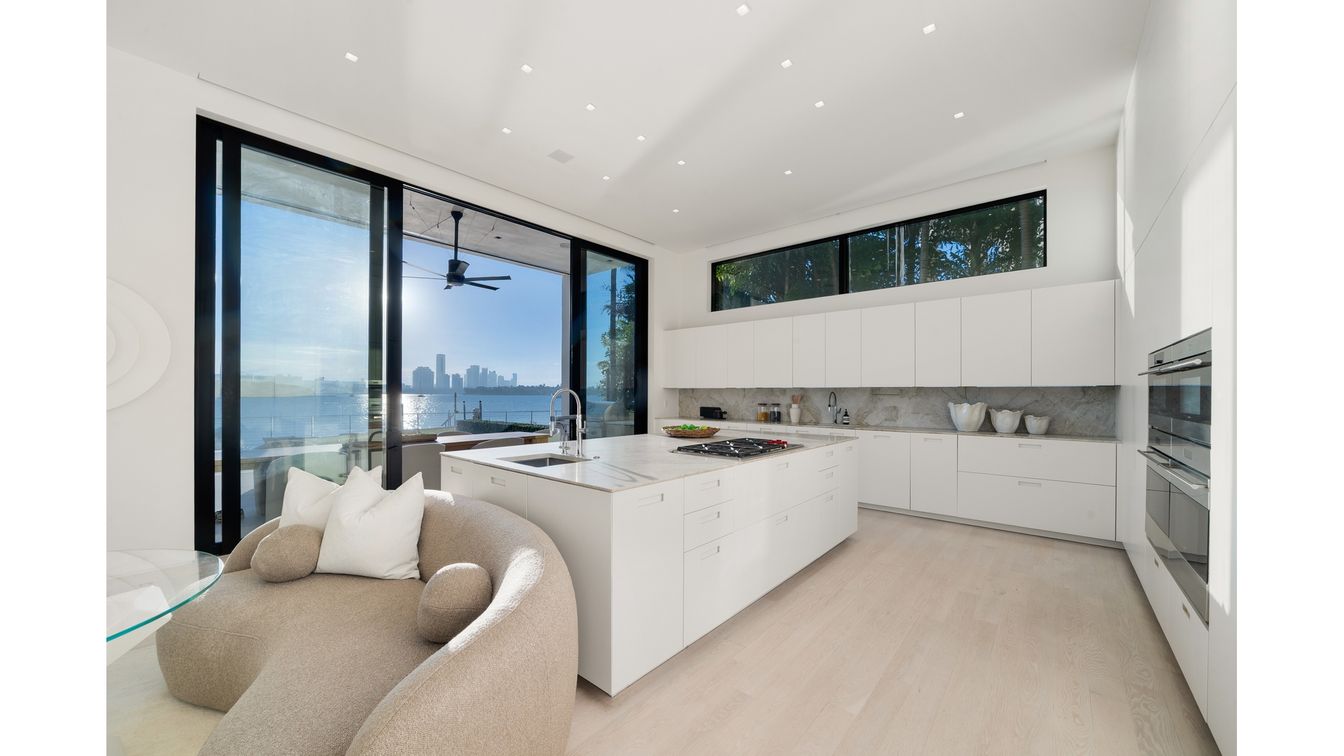 Interior, Kitchen, Living room, Recessed Lighting, Stainless Steel Appliances, Water, Wood Texture Flooring