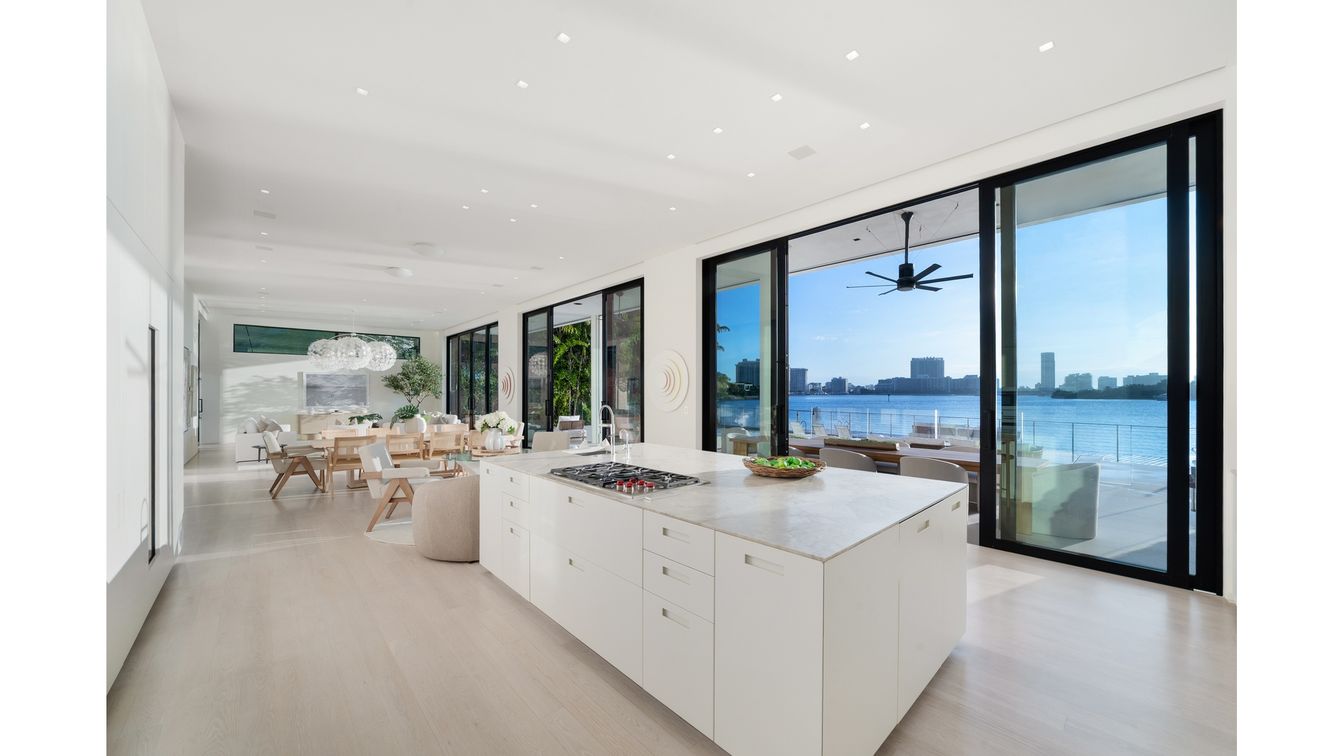 Dining room, Interior, Kitchen, Pendant Lights, Recessed Lighting, Water, Wood Texture Flooring