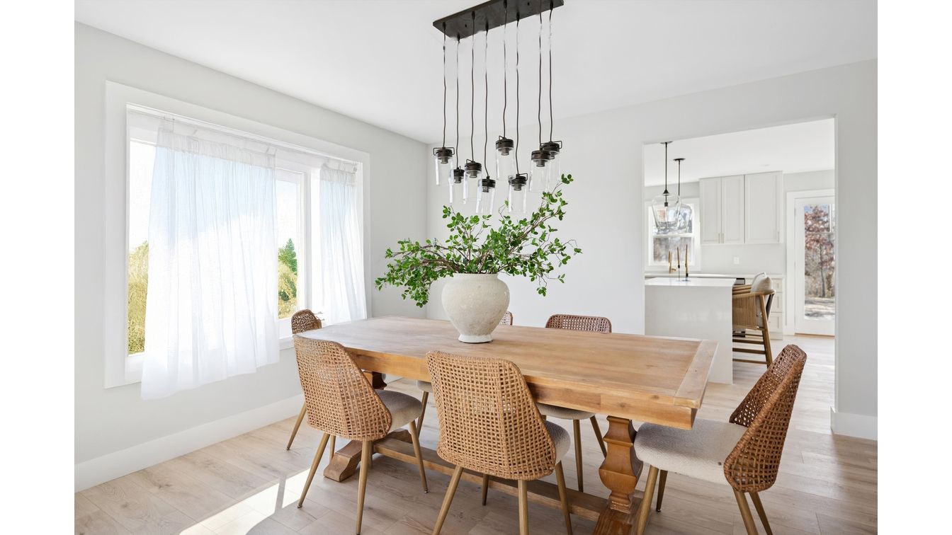 Dining room, Interior, Pendant Lights, Wood Texture Flooring