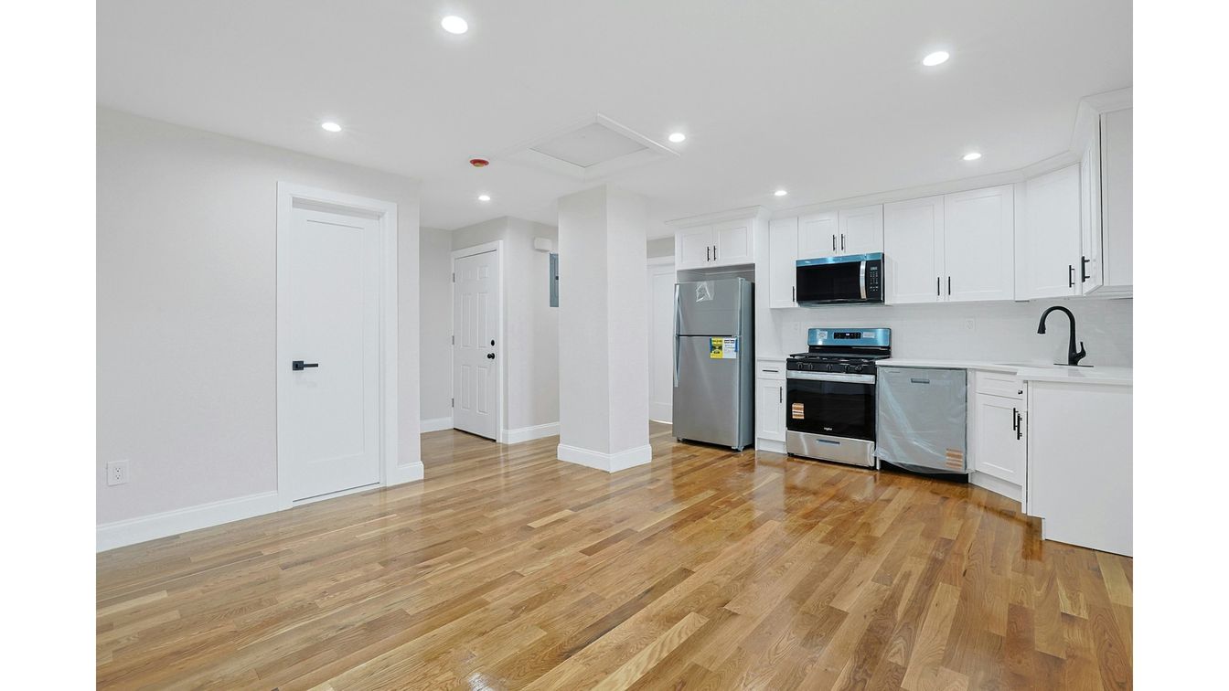 Interior, Kitchen, Recessed Lighting, Stainless Steel Appliances, Wood Texture Flooring