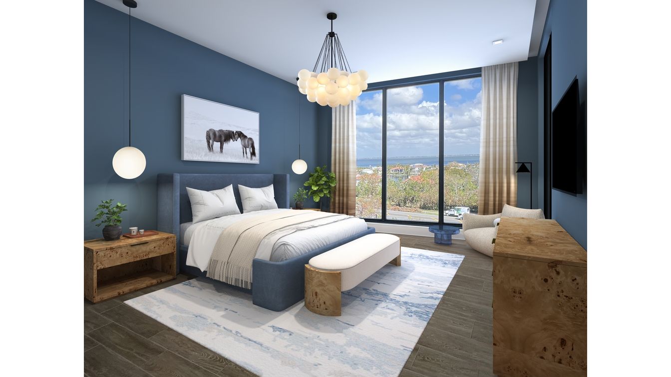 Bedroom, Interior, Pendant Lights, Recessed Lighting, Water, Wood Texture Flooring