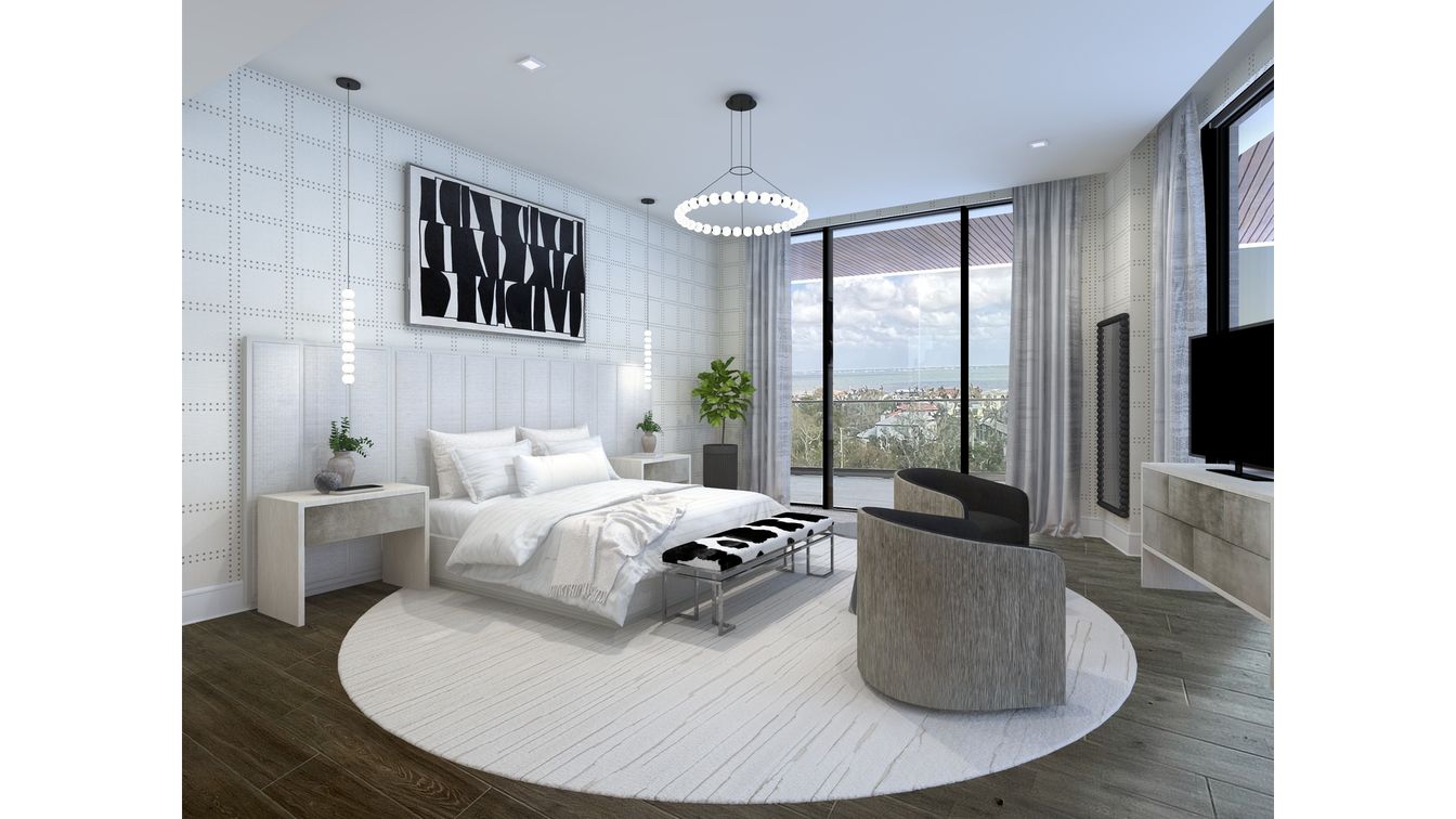 Bedroom, Interior, Pendant Lights, Recessed Lighting, Water, Wood Texture Flooring