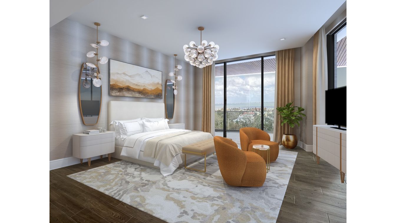 Bedroom, Interior, Pendant Lights, Recessed Lighting, Wood Texture Flooring