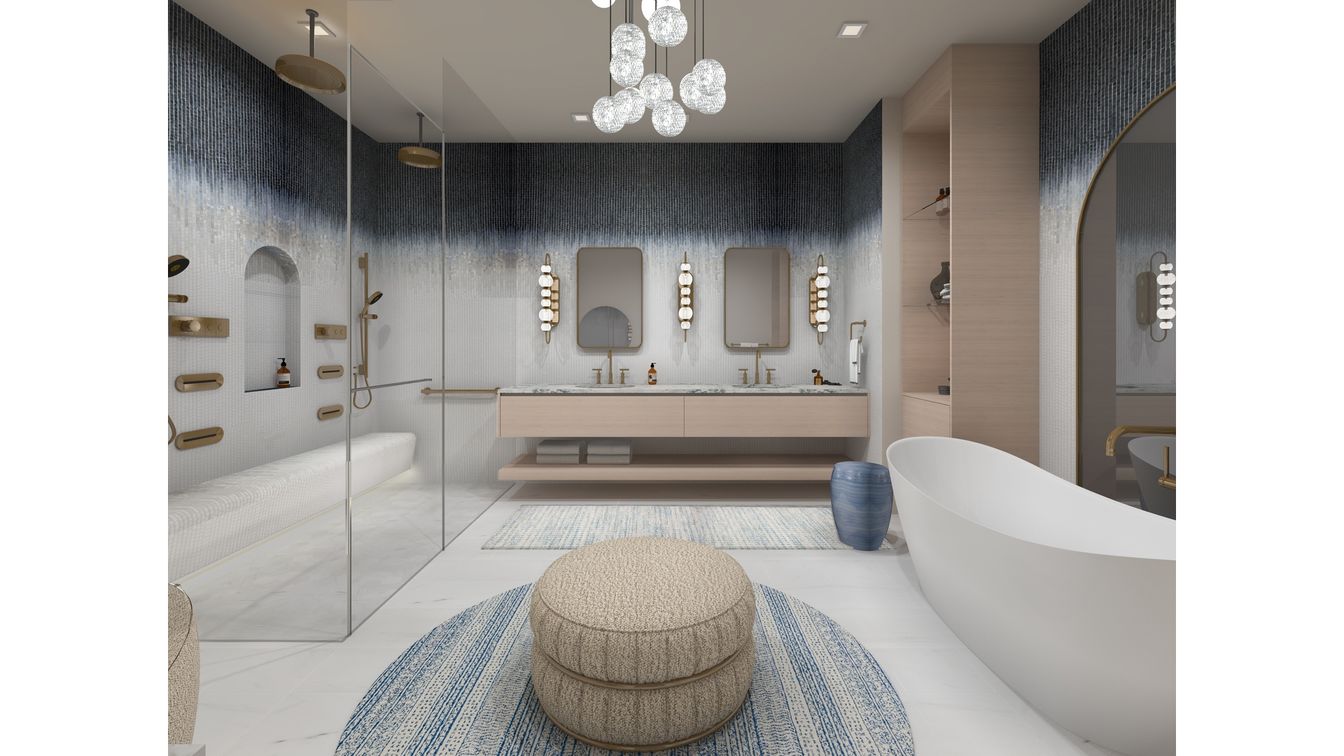 Bathroom, Dual Sink Vanities, Free Standing Baths, Interior, Pendant Lights, Recessed Lighting