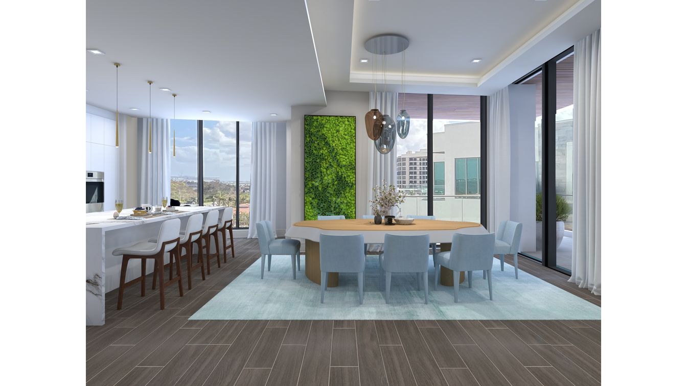 Dining room, Interior, Pendant Lights, Recessed Lighting, Wood Texture Flooring