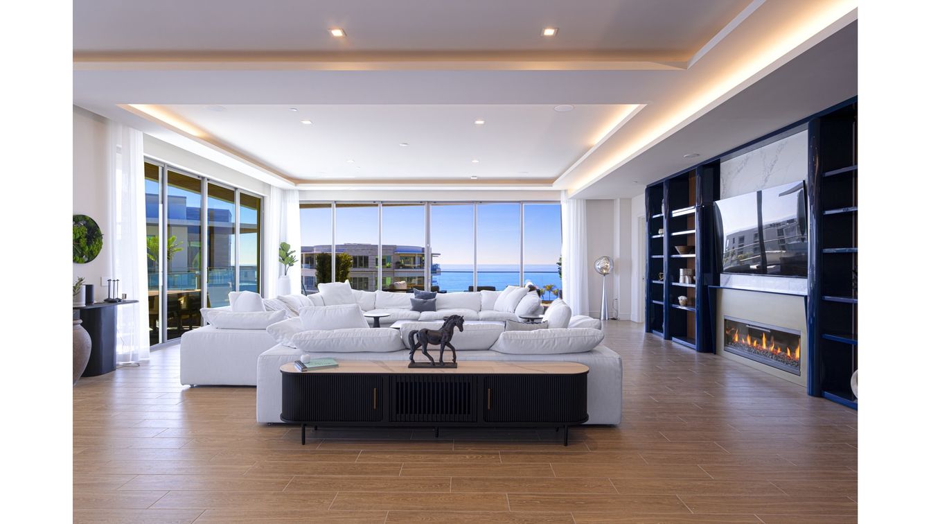 Fireplace, Interior, Living room, Recessed Lighting, Water, Wood Texture Flooring