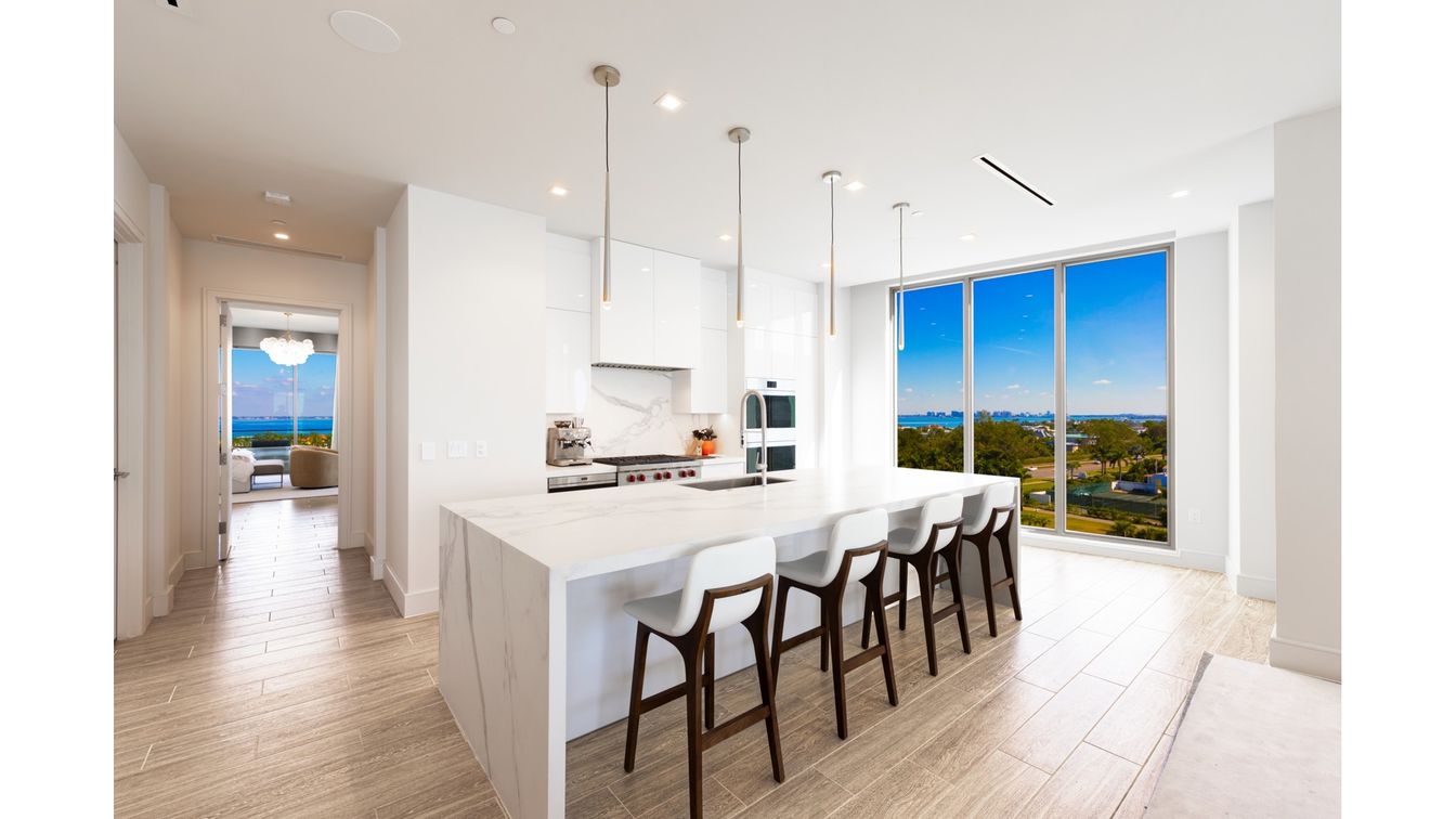 Interior, Kitchen, Pendant Lights, Recessed Lighting, Stainless Steel Appliances, Water, Wood Texture Flooring