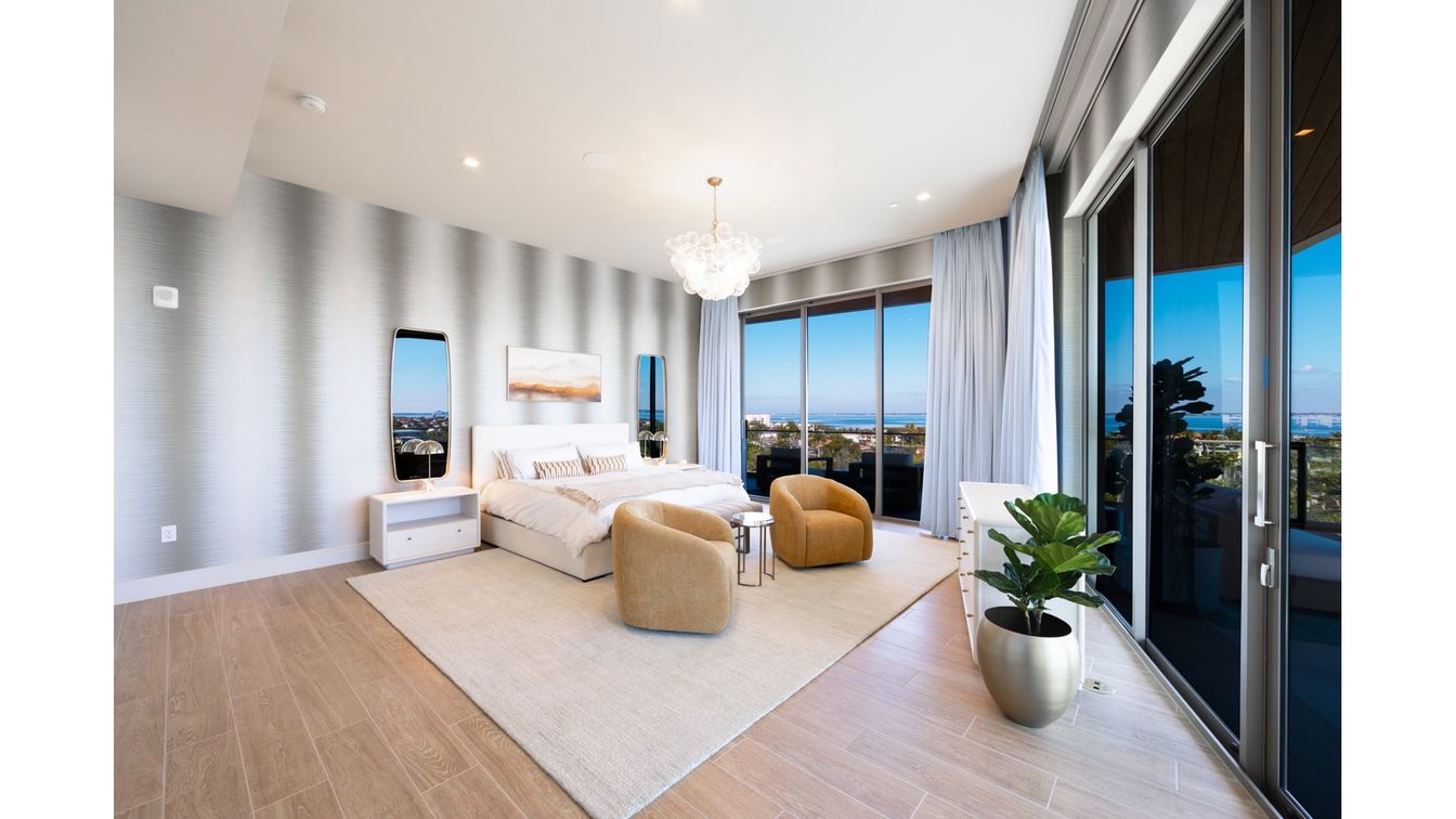 Bedroom, Chandelier, Interior, Recessed Lighting, Water, Wood Texture Flooring