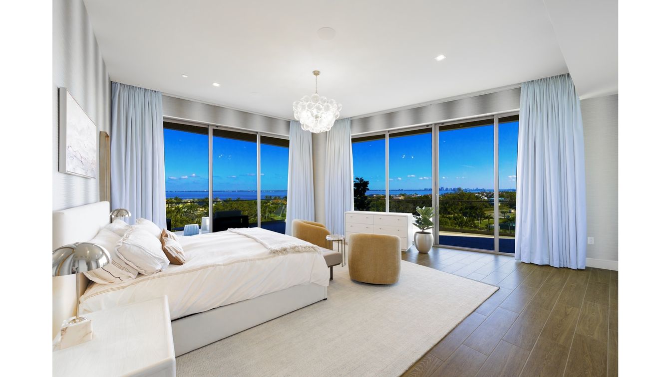 Bedroom, Chandelier, Interior, Recessed Lighting, Water, Wood Texture Flooring