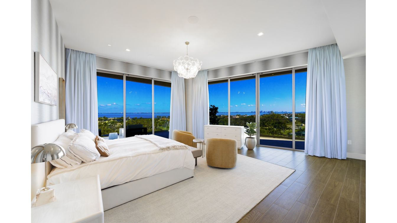 Bedroom, Chandelier, Interior, Recessed Lighting, Water, Wood Texture Flooring