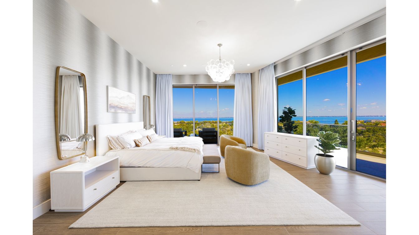 Bedroom, Chandelier, Interior, Recessed Lighting, Water, Wood Texture Flooring