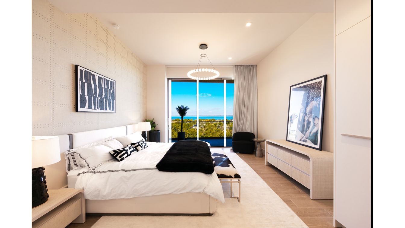 Bedroom, Interior, Pendant Lights, Recessed Lighting, Water, Wood Texture Flooring