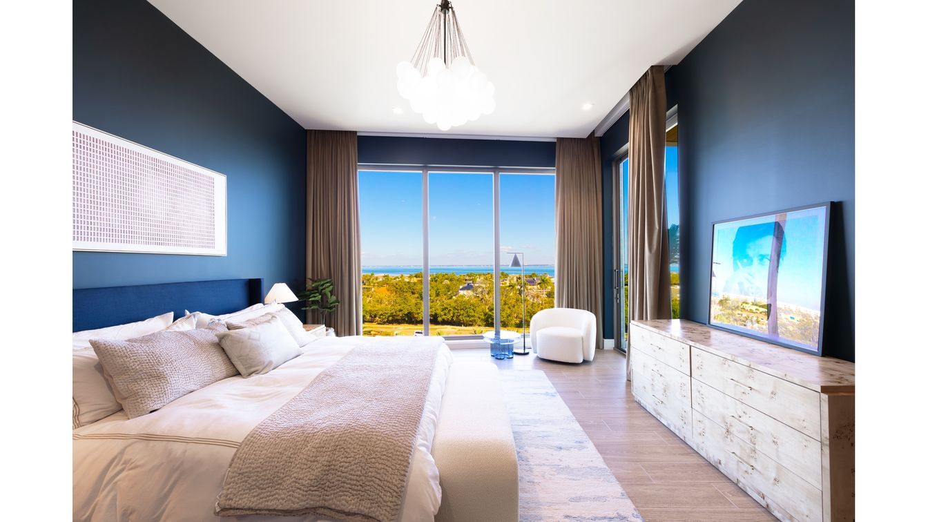 Bedroom, Interior, Pendant Lights, Recessed Lighting, Water, Wood Texture Flooring