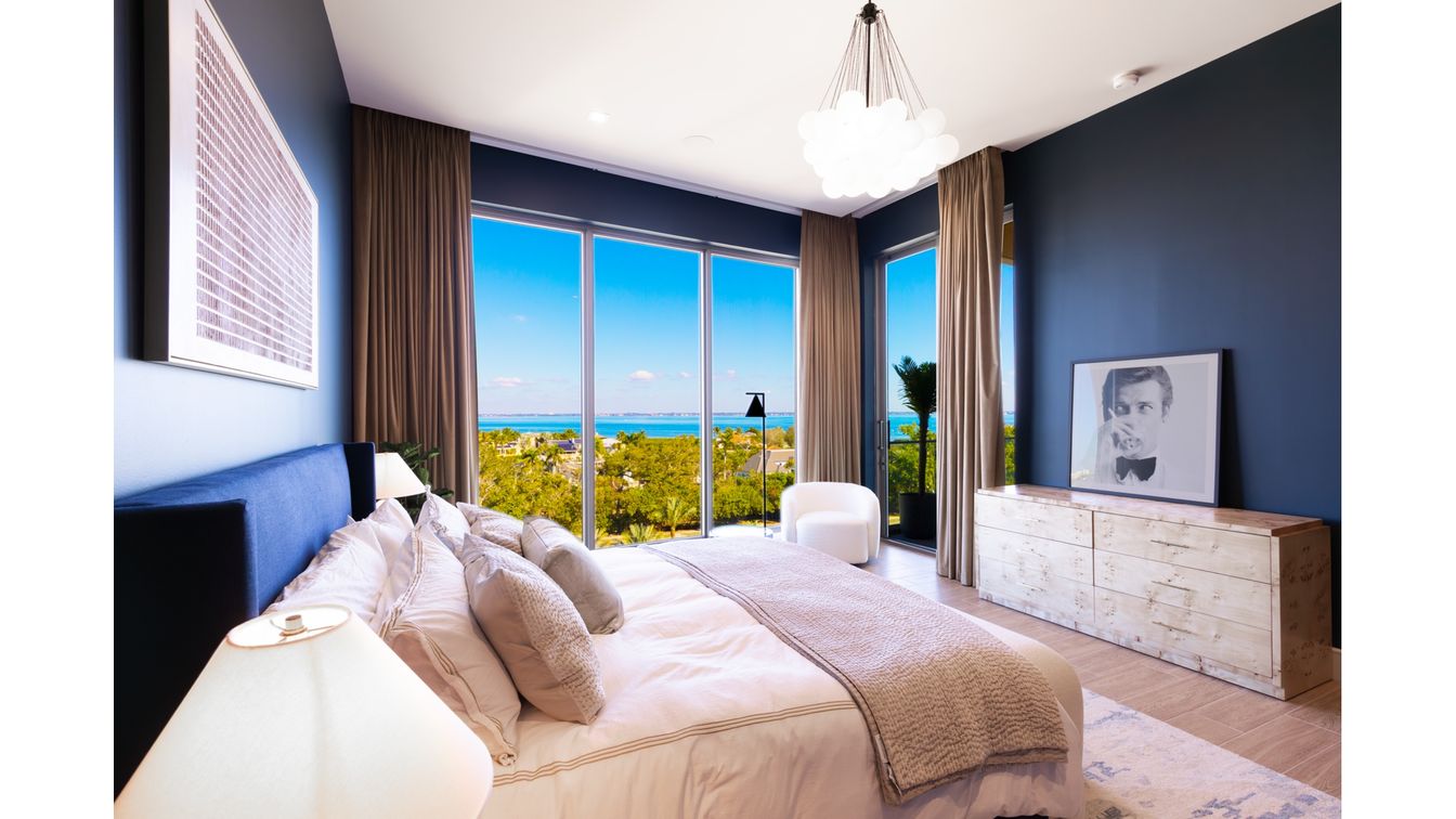 Bedroom, Interior, Pendant Lights, Water, Wood Texture Flooring