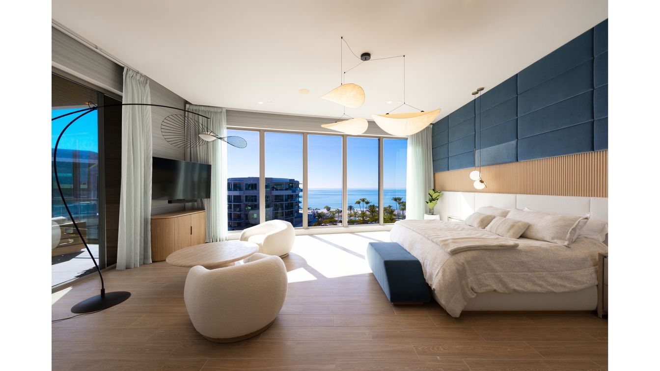 Bedroom, Interior, Pendant Lights, Recessed Lighting, Water, Wood Texture Flooring