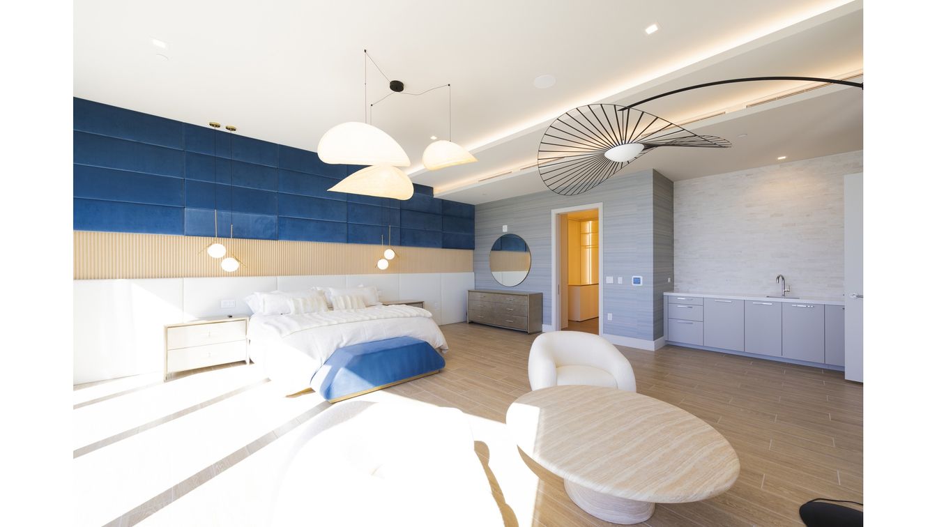 Bedroom, Interior, Pendant Lights, Recessed Lighting, Wood Texture Flooring