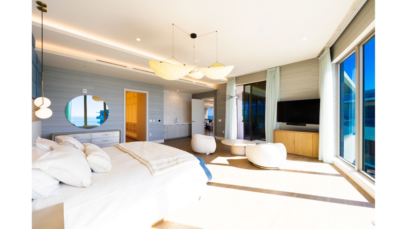 Bedroom, Interior, Pendant Lights, Recessed Lighting, Wood Texture Flooring