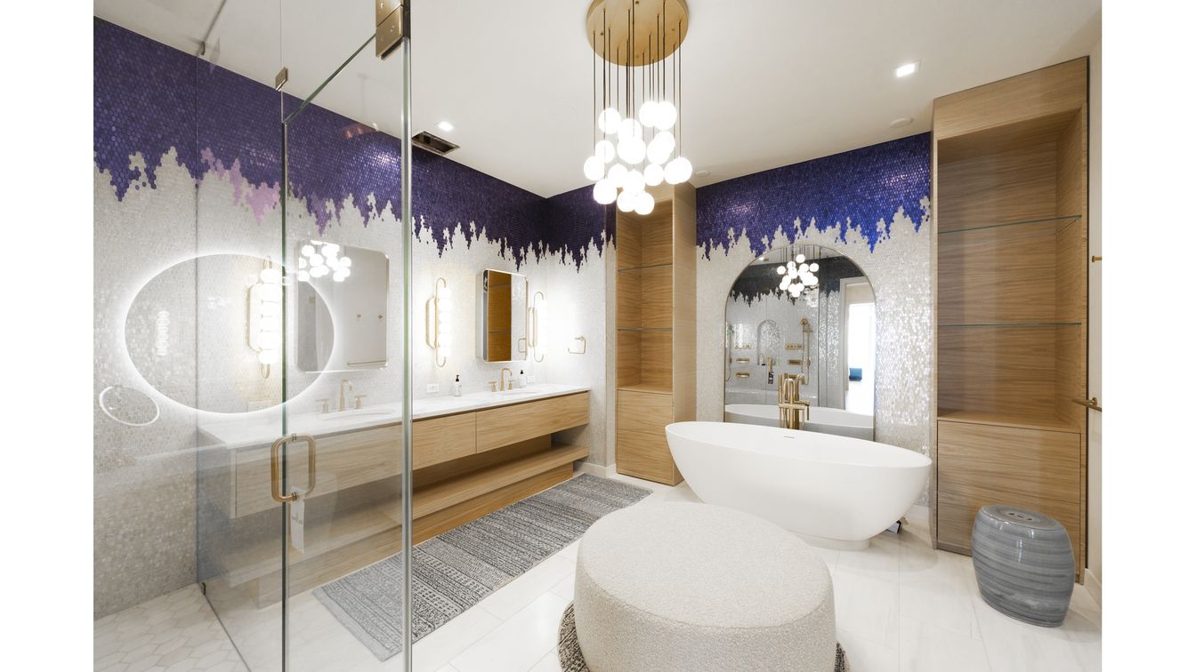 Bathroom, Dual Sink Vanities, Free Standing Baths, Glass Shower, Interior, Pendant Lights, Recessed Lighting