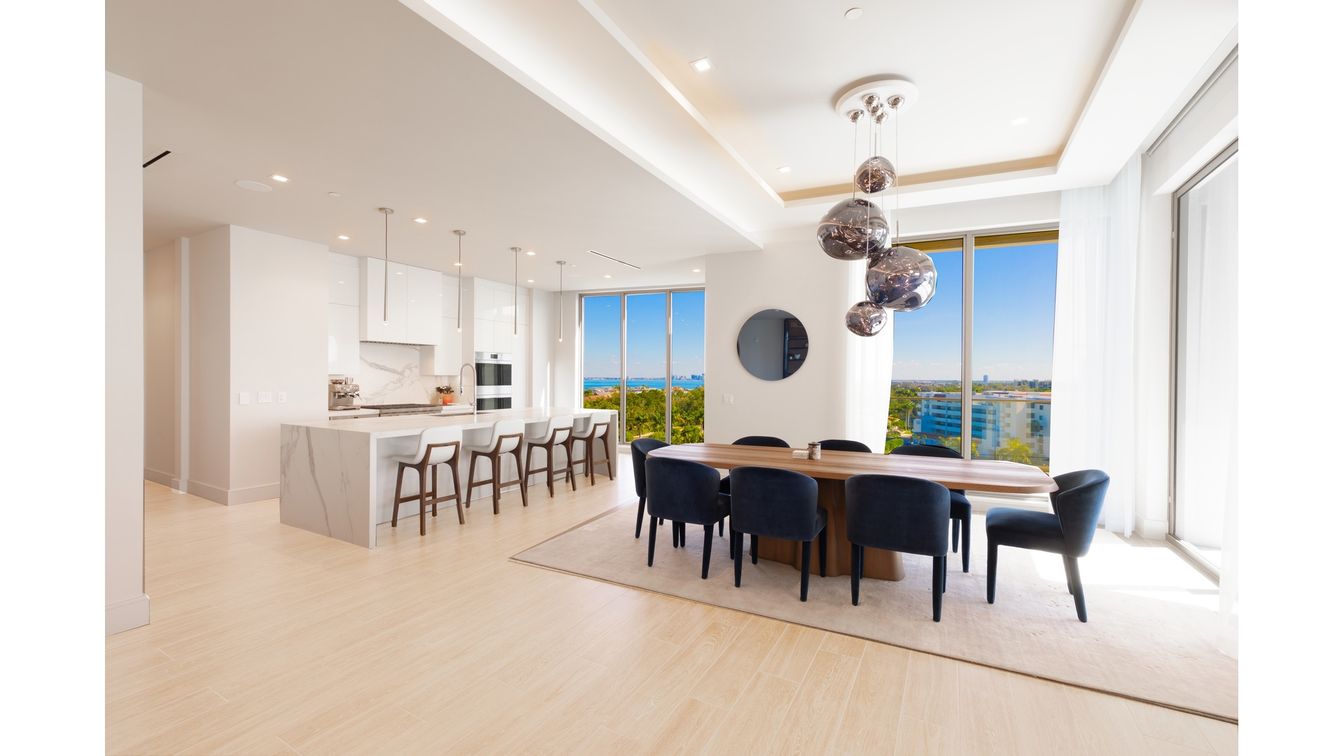 Dining room, Interior, Kitchen, Pendant Lights, Recessed Lighting, Water, Wood Texture Flooring