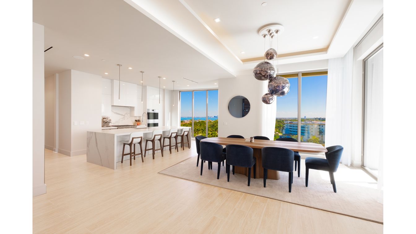 Dining room, Interior, Kitchen, Pendant Lights, Recessed Lighting, Water, Wood Texture Flooring