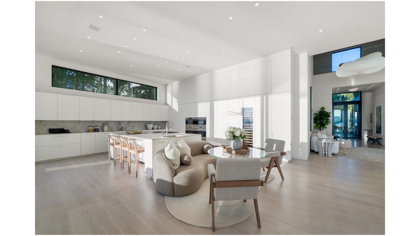 Dining room, Interior, Kitchen, Living room, Recessed Lighting, Stainless Steel Appliances, Wood Texture Flooring