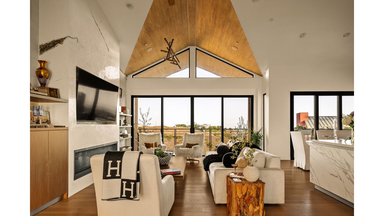 Fireplace, Interior, Living room, Recessed Lighting, Wood Texture Flooring