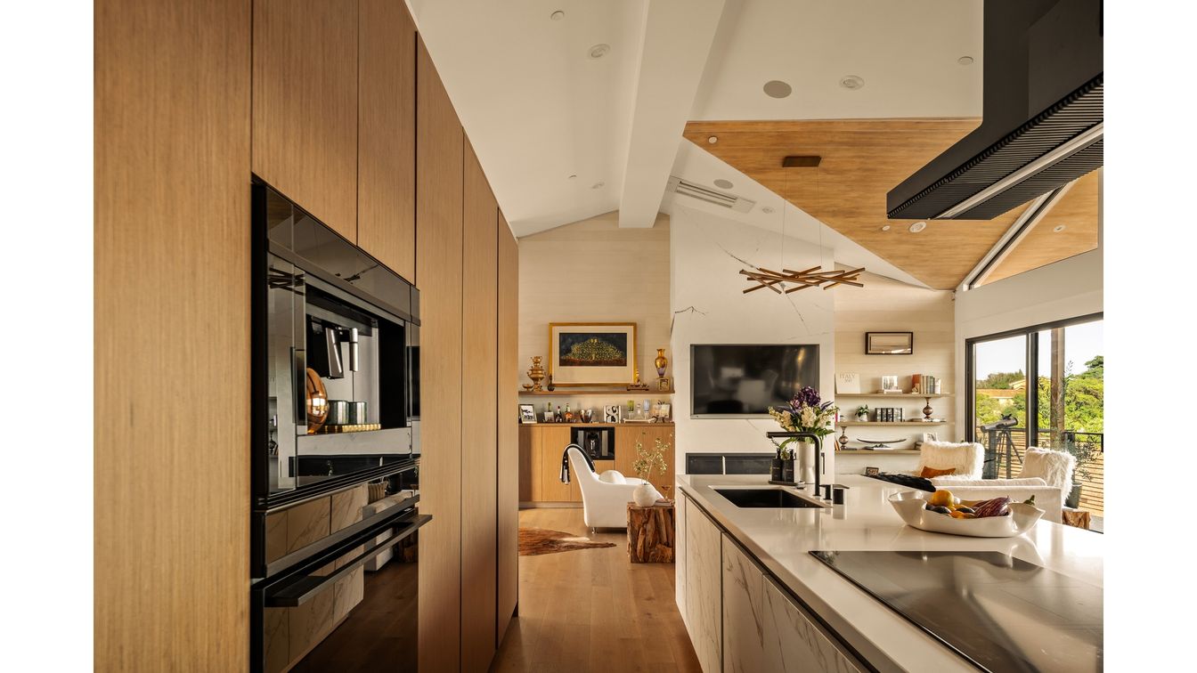 Interior, Kitchen, Living room, Recessed Lighting, Stainless Steel Appliances, Wooden Ceilings, Wood Texture Flooring