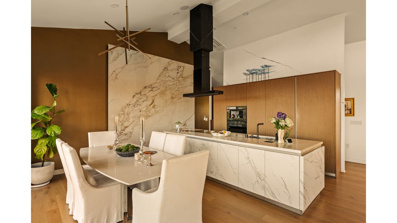 Dining room, Interior, Kitchen, Marble Walls, Recessed Lighting, Wood Texture Flooring