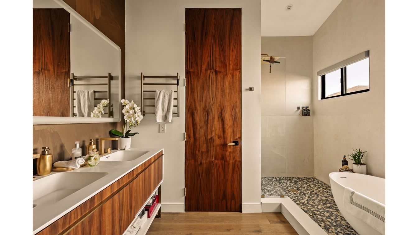 Bathroom, Glass Shower, Interior, Wood Texture Flooring
