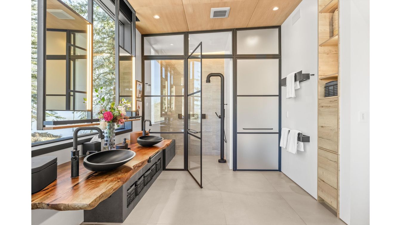 Bathroom, Dual Sink Vanities, Glass Shower, Interior, Recessed Lighting, Wooden Ceilings
