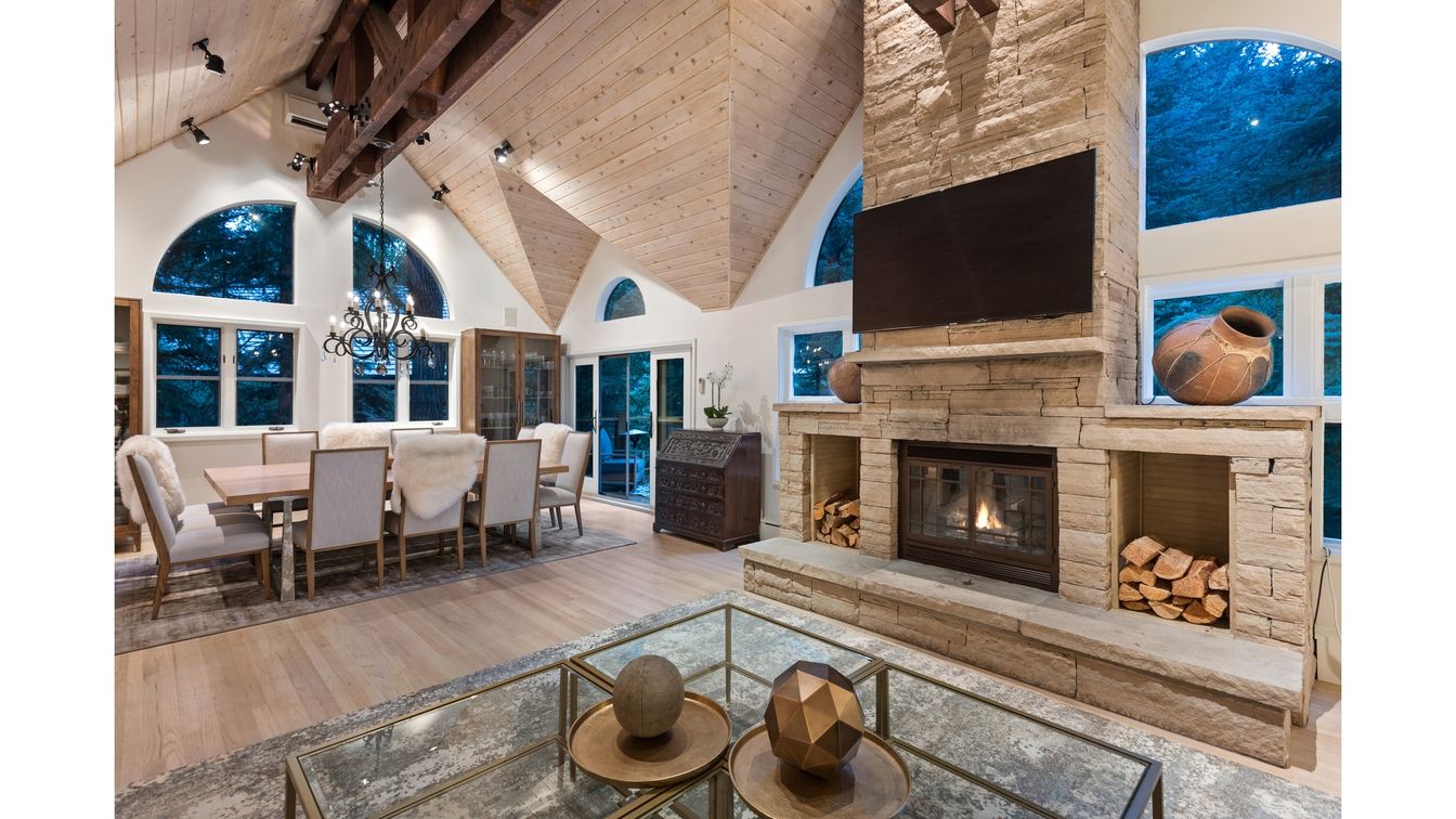 Chandelier, Dining room, Fireplace, Interior, Living room, Wooden Beams, Wooden Ceilings, Wood Texture Flooring