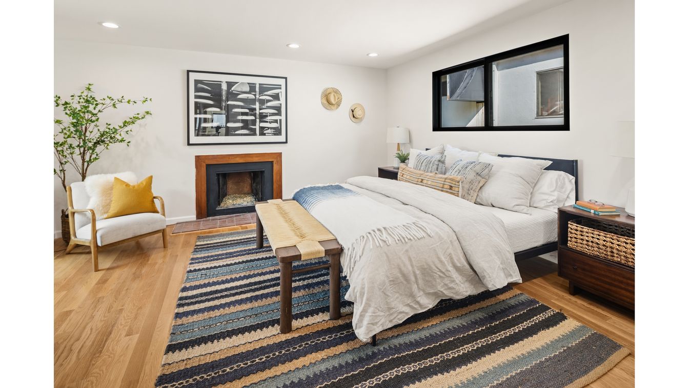 Bedroom, Fireplace, Interior, Recessed Lighting, Wood Texture Flooring