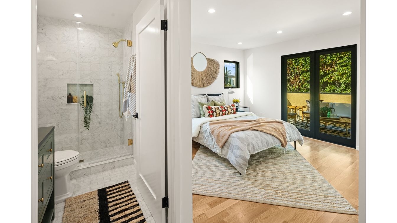 Bathroom, Bedroom, Glass Shower, Interior, Marble Walls, Recessed Lighting, Wood Texture Flooring