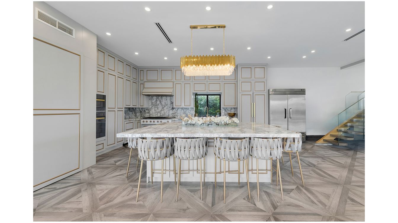 Chandelier, Interior, Kitchen, Marble Walls, Recessed Lighting, Stainless Steel Appliances, Wood Texture Flooring