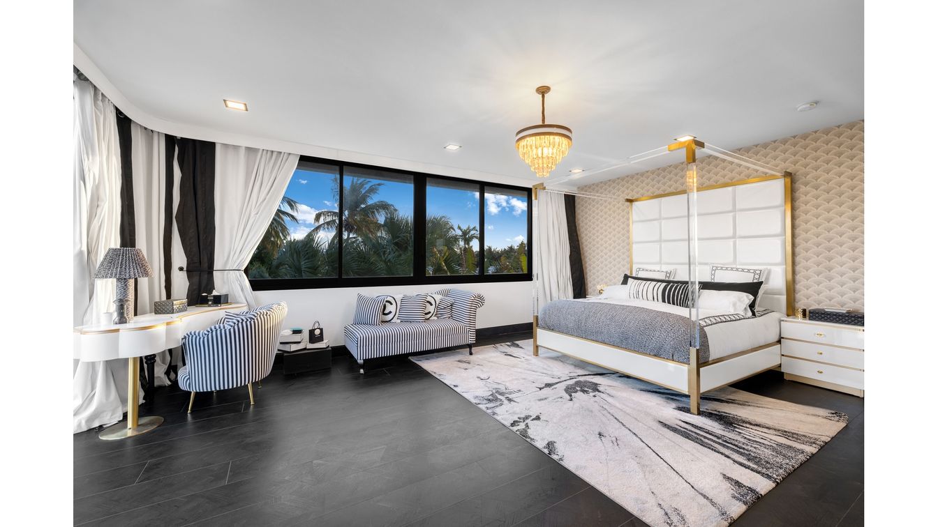 Bedroom, Chandelier, Interior, Recessed Lighting, Wood Texture Flooring