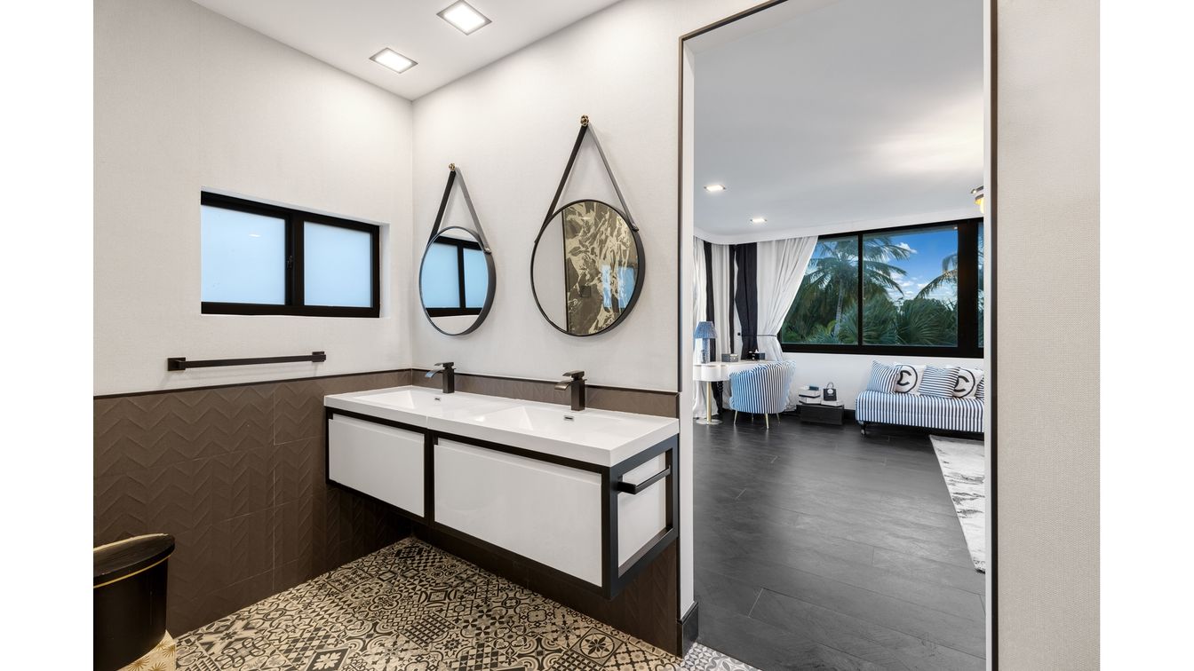 Bathroom, Dual Sink Vanities, Interior, Recessed Lighting, Wood Texture Flooring