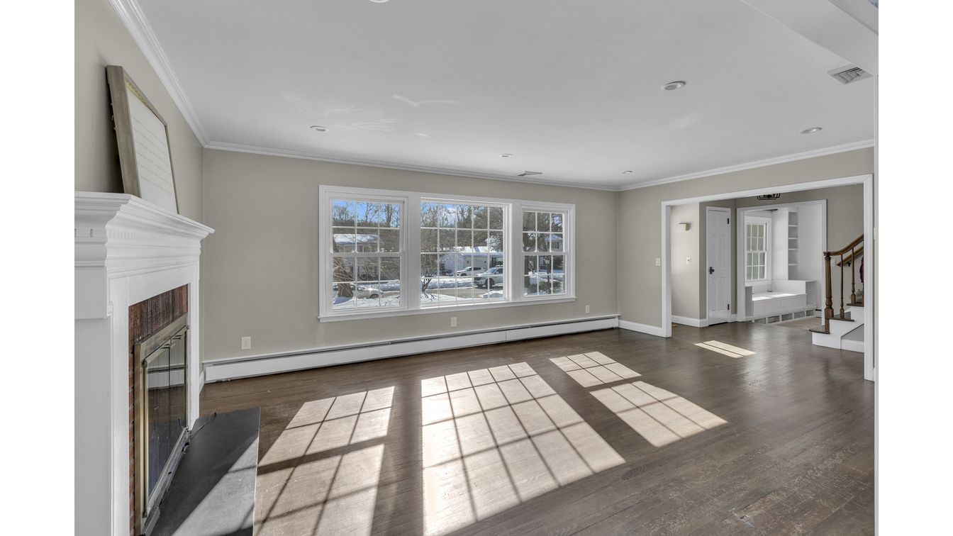 Empty room, Fireplace, Interior, Recessed Lighting, Wood Texture Flooring