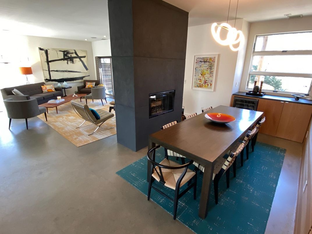 Dining room, Fireplace, Interior, Living room, Pendant Lights, Recessed Lighting